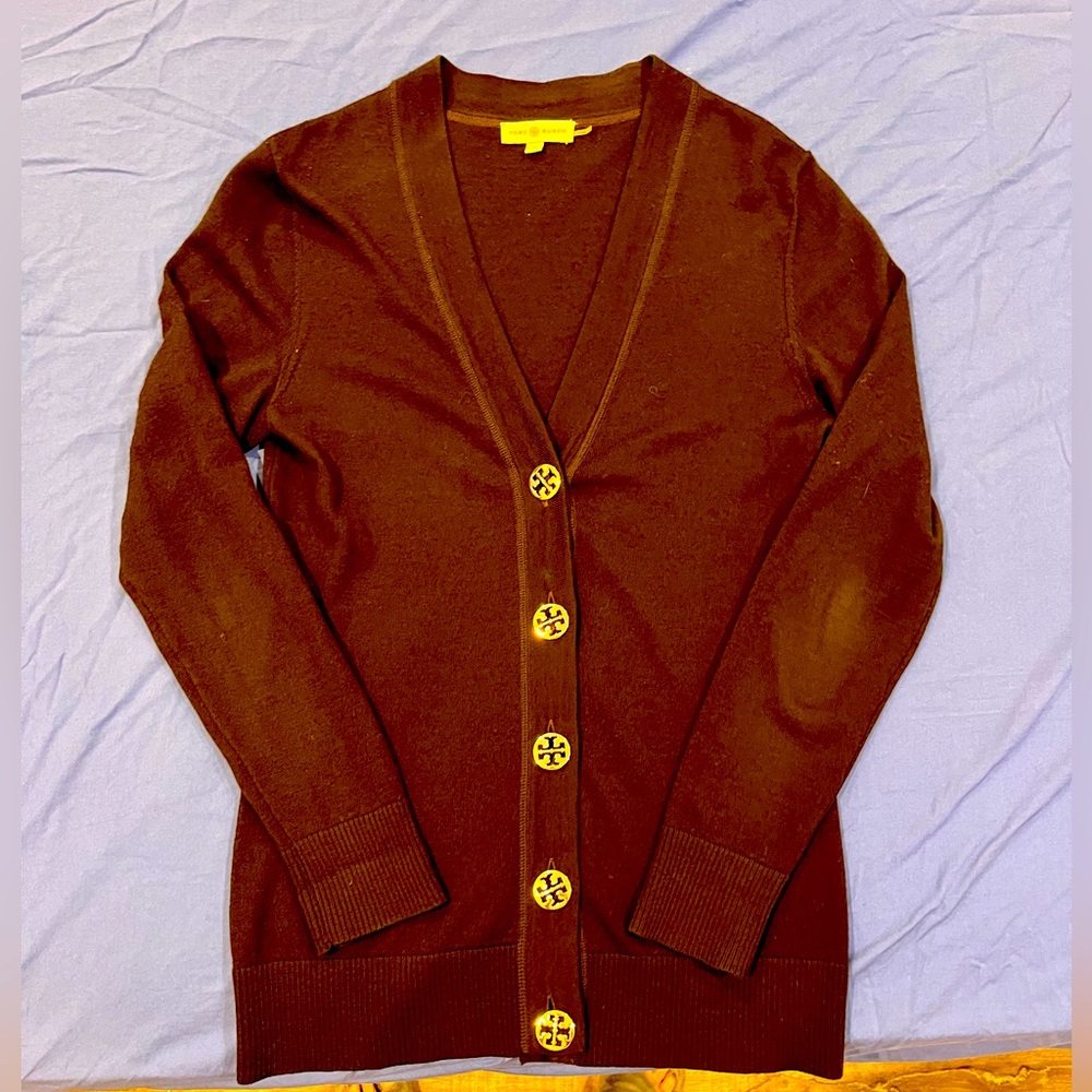Brown Tory Burch boyfriend cardigan